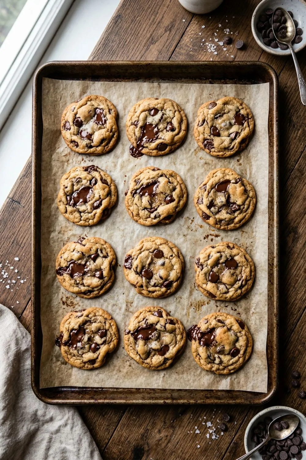Classic chocolate chip cookies on a parchment-lined baking sheet with golden edges and melted chocolate chips