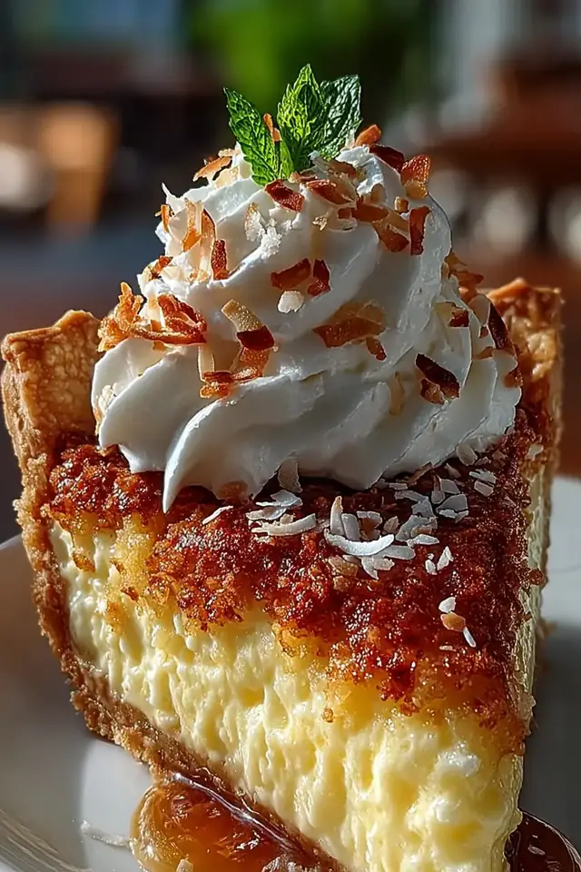Slice of classic coconut cream pie with fluffy whipped cream topping, toasted coconut flakes, and creamy custard filling against a white plate