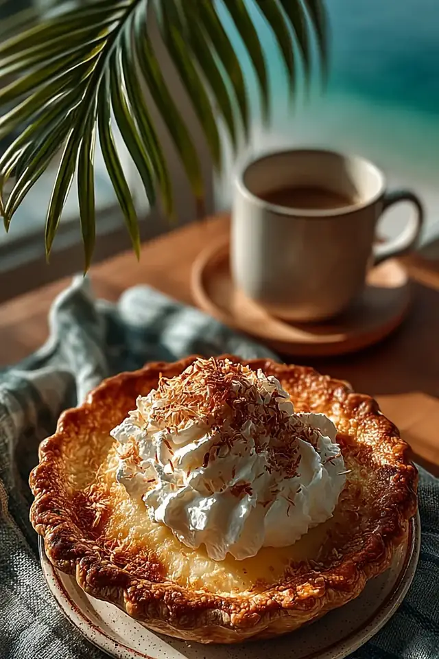 Overhead view of whole coconut cream pie in ceramic pie dish, decorated with fresh whipped cream and golden toasted coconut garnish