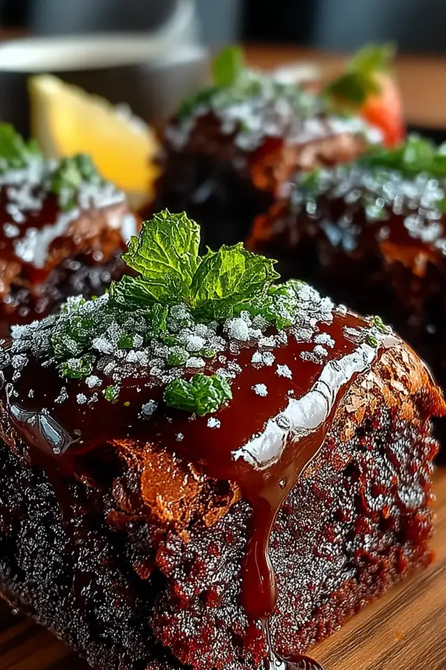 Close-up side view of a fudgy brownie square showing dark chocolate color and dense crumb texture with a glossy surface