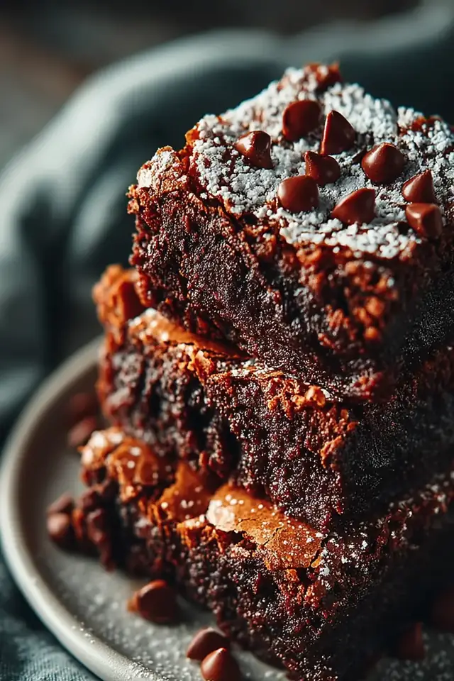 Overhead view of four fudgy brownies arranged on a white plate, displaying the rich chocolate color and chewy interior