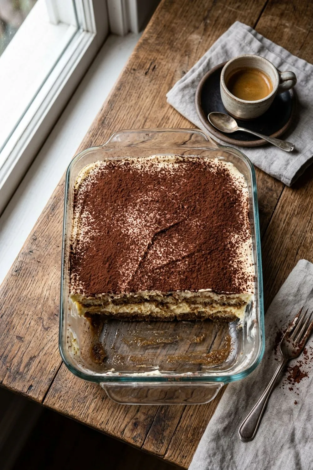 Classic Italian tiramisu in a glass dish dusted with cocoa powder, overhead shot