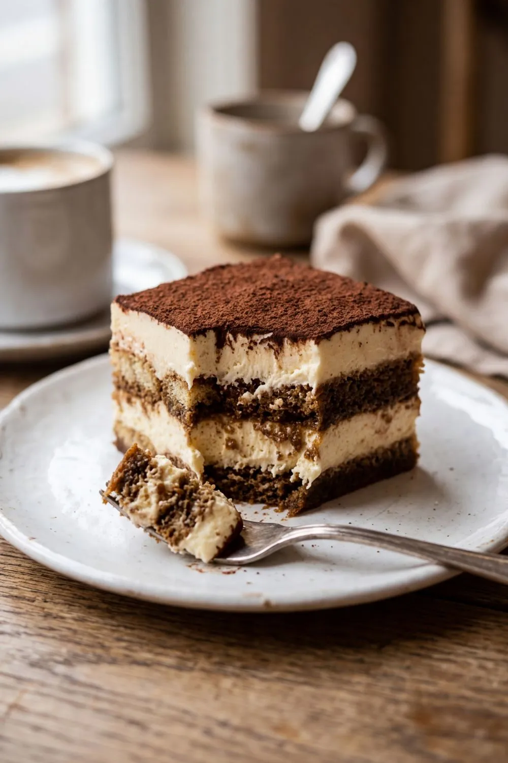 Close-up of a single serving of classic tiramisu showing beautiful layers
