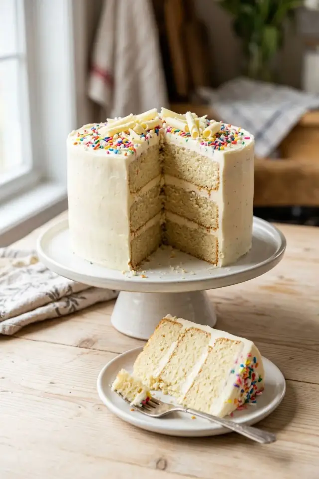 Three-layer vanilla cake with swirls of vanilla buttercream frosting on a cake stand