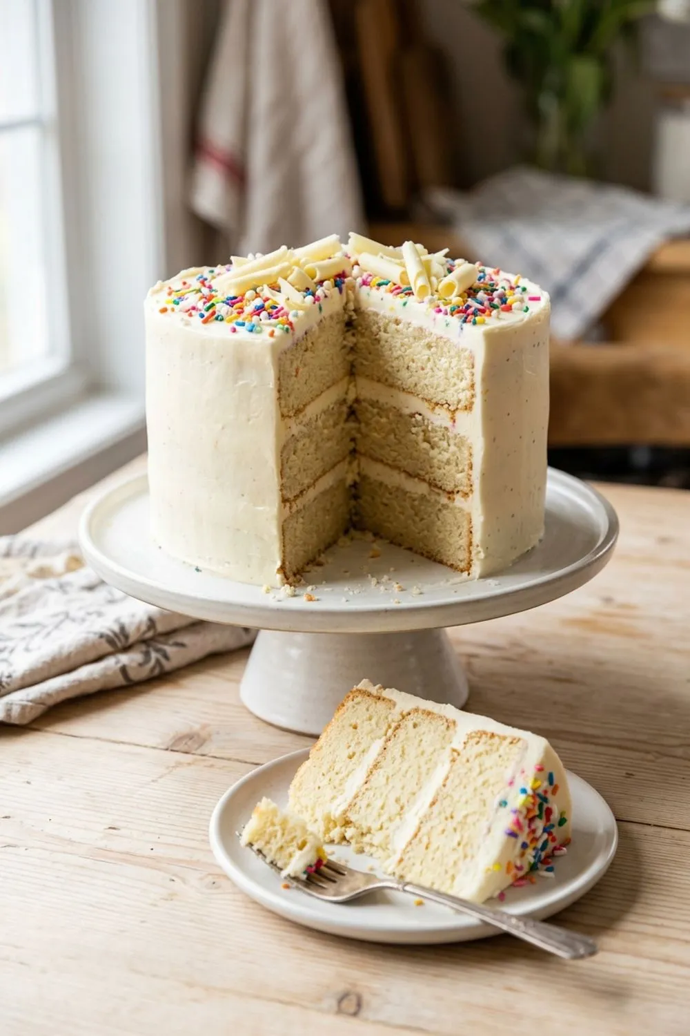 Three-layer vanilla cake with swirls of vanilla buttercream frosting on a cake stand