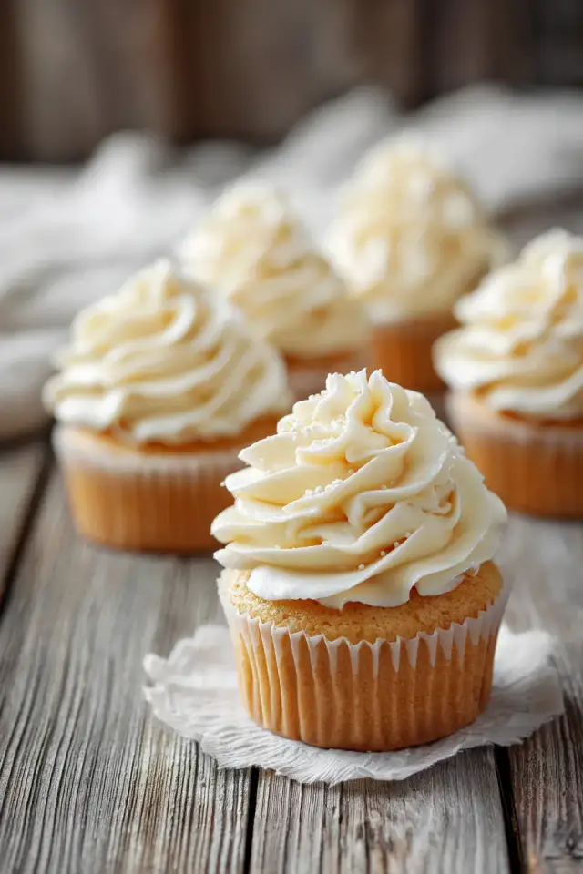Two vanilla cupcakes with swirled buttercream frosting topped with rainbow sprinkles on a white background