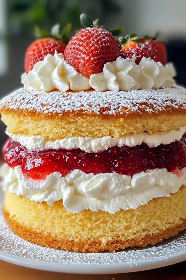 Overhead view of a Classic Victoria Sponge Cake with two fluffy golden sponge layers filled with bright red jam and whipped cream, dusted with powdered sugar