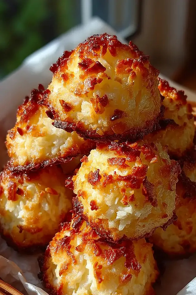 Close-up of golden coconut macaroons with crispy toasted edges and soft centers stacked on parchment paper in natural light