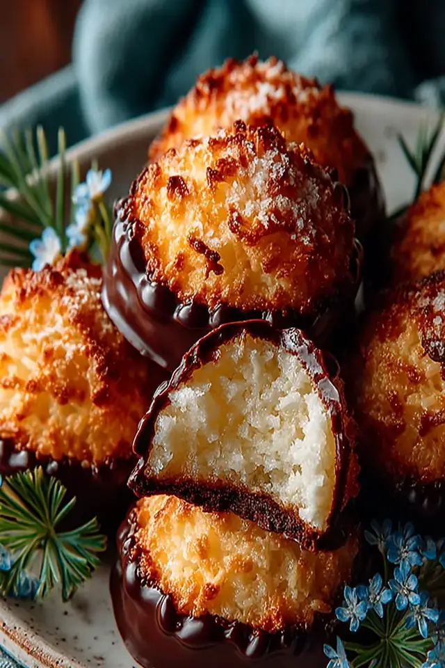 Overhead shot of chocolate-dipped coconut macaroons arranged on a white plate with a few pieces showing the chewy interior texture
