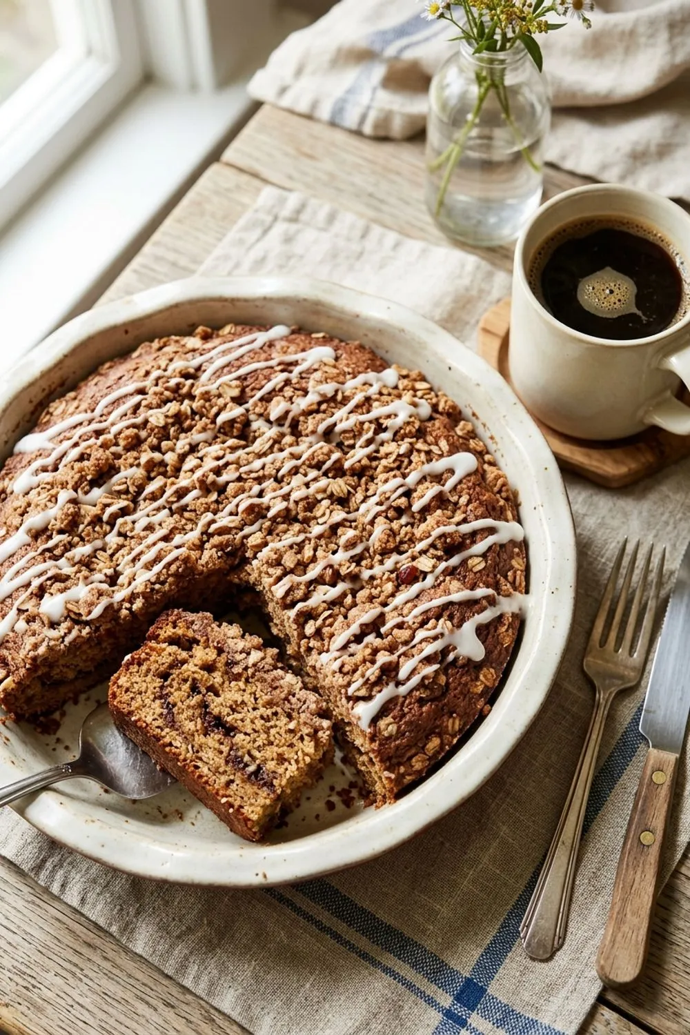 Cinnamon streusel coffee cake with vanilla glaze drizzled over the top on a serving plate