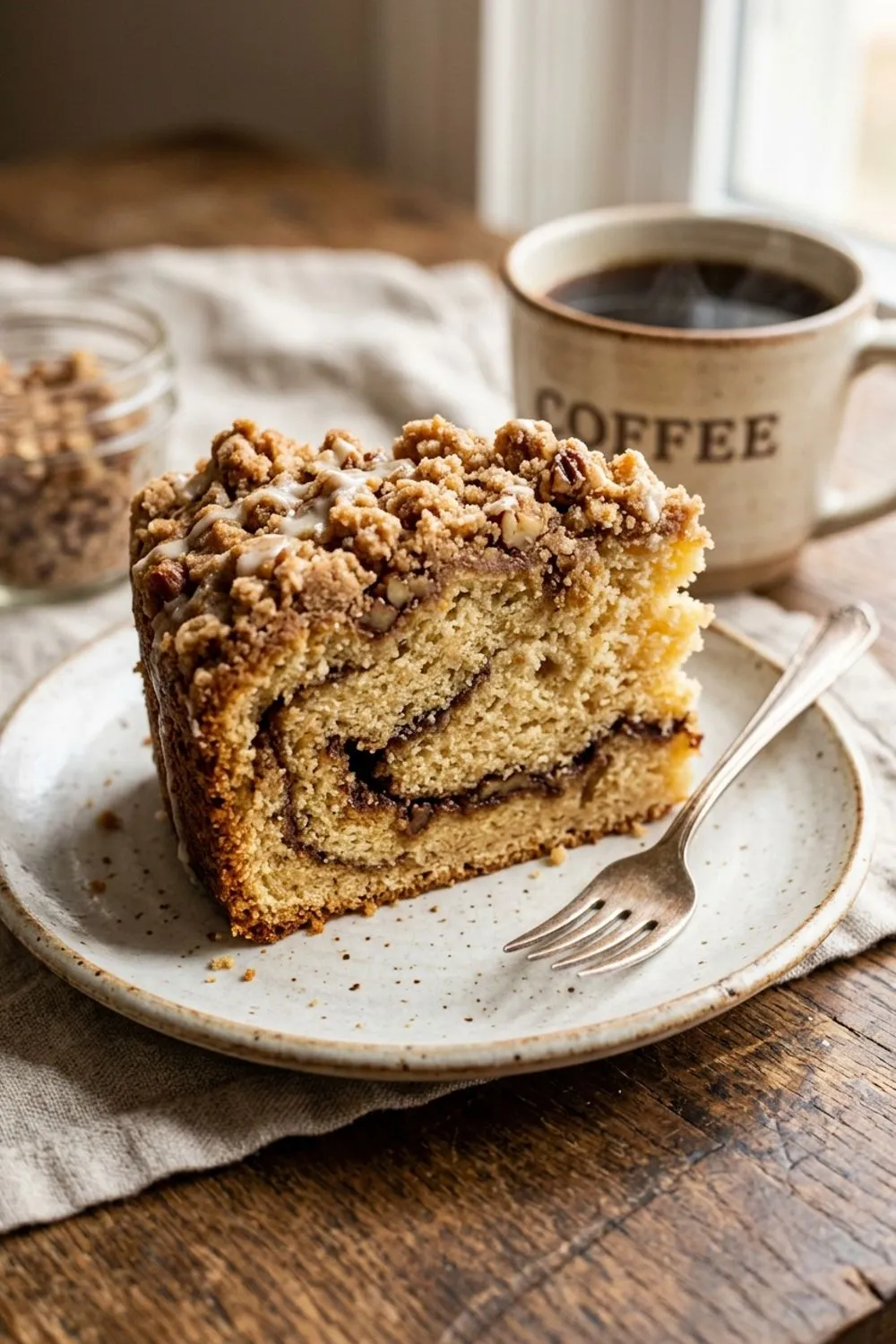 Cinnamon streusel being sprinkled over coffee cake batter in a pan