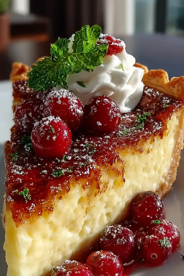 Slice of cranberry custard pie with creamy custard layer and bright red cranberries visible, served on a white plate with a fork