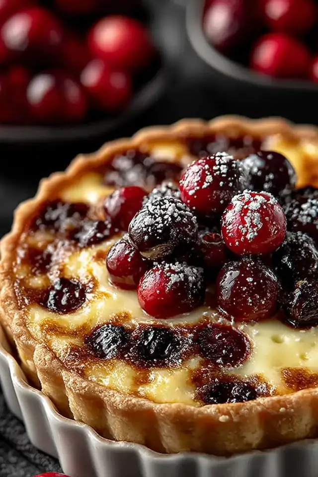 Overhead view of whole cranberry custard pie in pie dish showing the golden crust and cranberry-studded custard filling