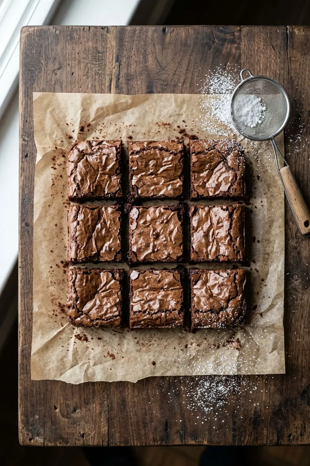 Fudgy double chocolate brownies cut into squares on parchment paper