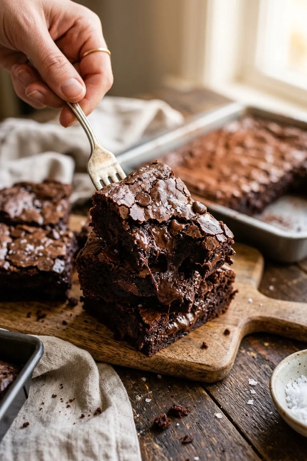 Close-up of double chocolate brownies showing the fudgy interior texture