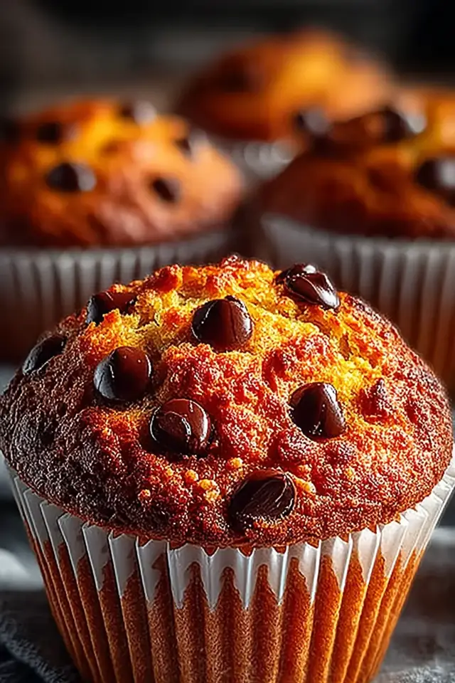 Close-up side view of a warm chocolate chip muffin with melted chocolate visible, nestled in a white paper liner with more muffins blurred in the background