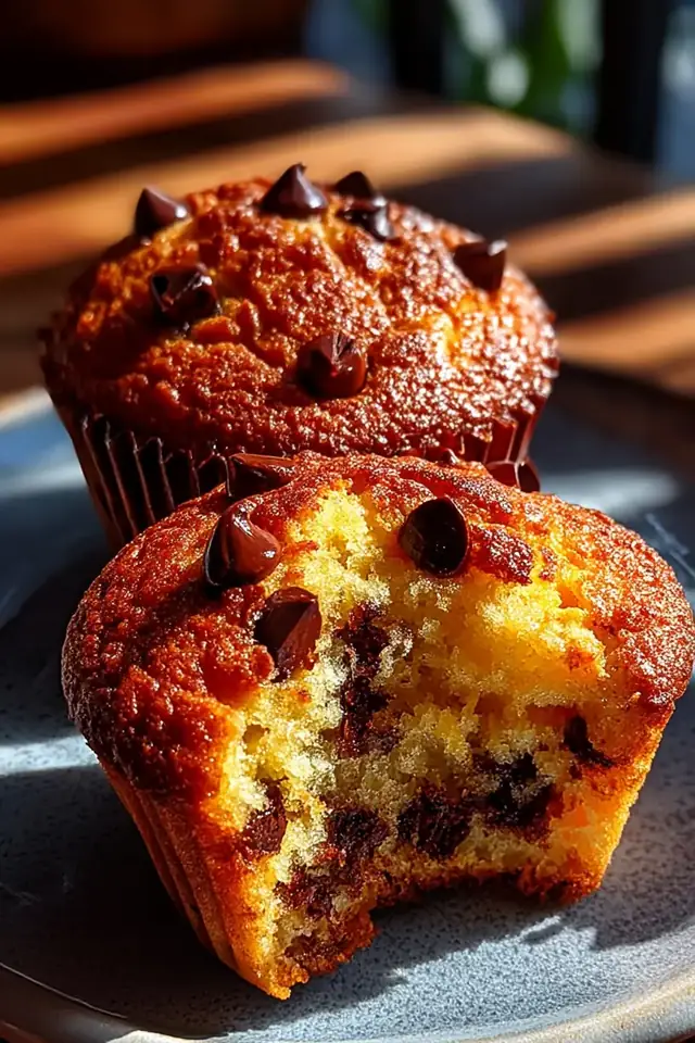 Overhead view of a freshly baked chocolate chip muffin broken in half showing tender crumb and chocolate chips inside, on a rustic wooden surface