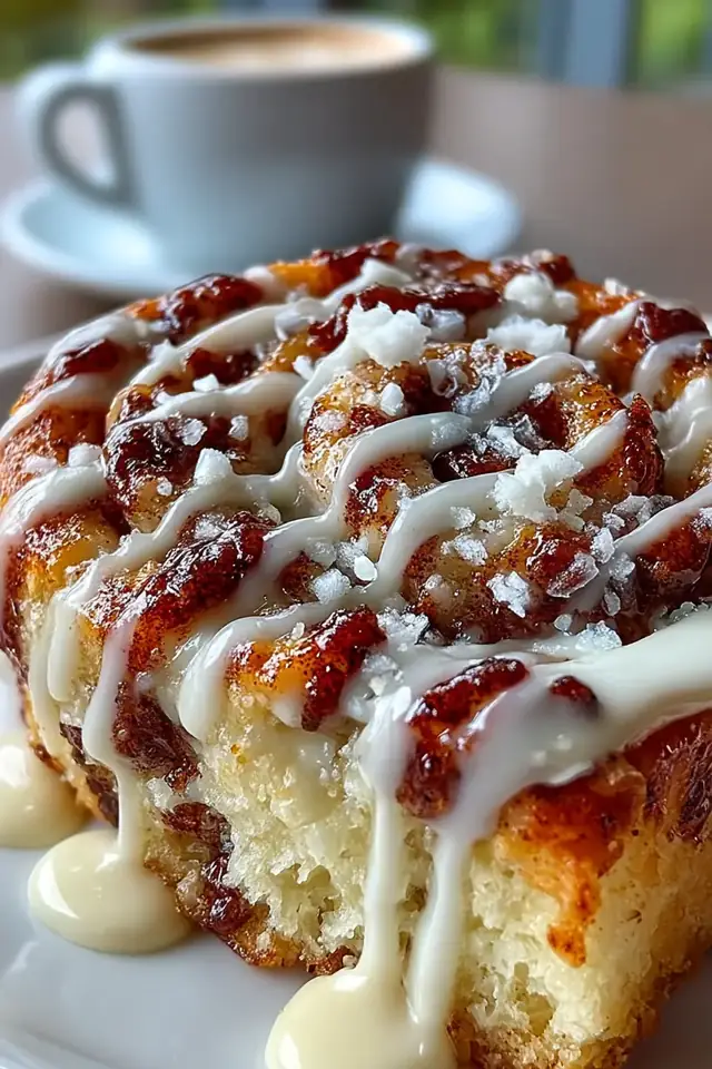 Close-up of a soft cinnamon roll cookie with cream cheese glaze drizzled on top, showing the spiral cinnamon swirl, on a light marble surface with natural window light