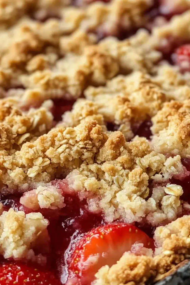 Close-up of warm strawberry crumble with golden oat topping and fresh strawberries visible through gaps, served in a white dish
