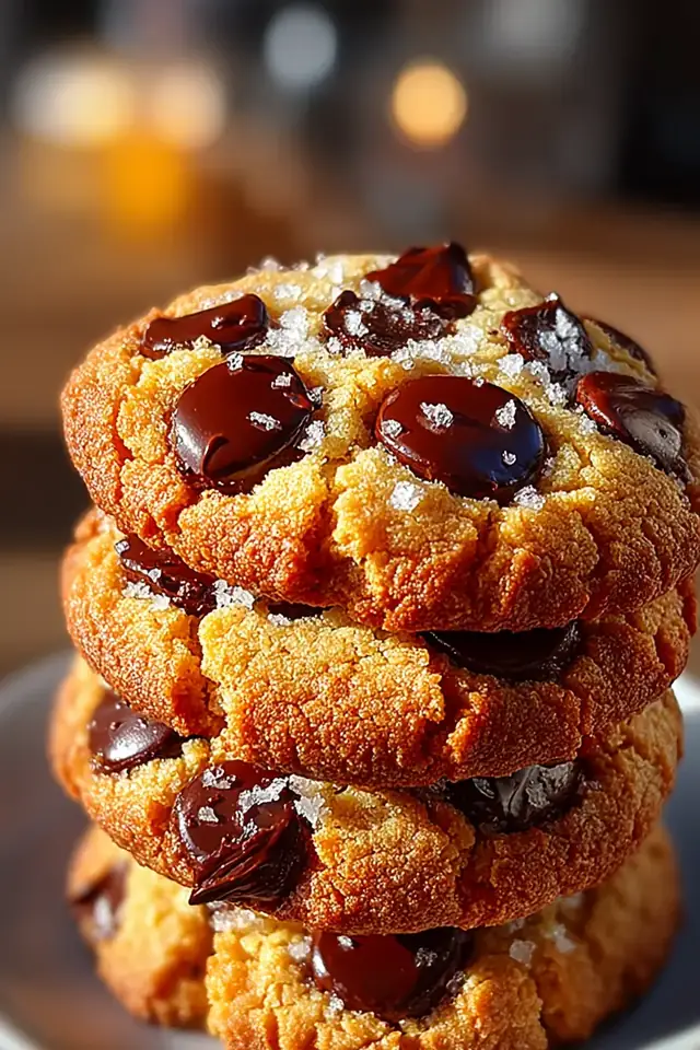 Close-up of warm sugar-free chocolate chip cookies with melted chocolate chips visible, stacked on a cooling rack with natural sunlight casting shadows