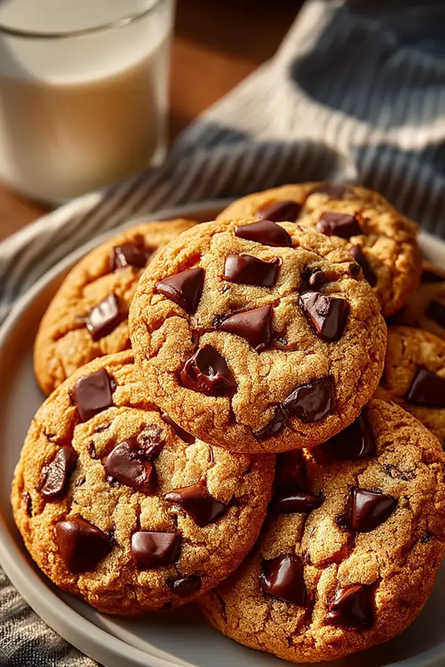 Overhead view of six freshly baked sugar-free chocolate chip cookies arranged on a white ceramic plate with a glass of milk beside it
