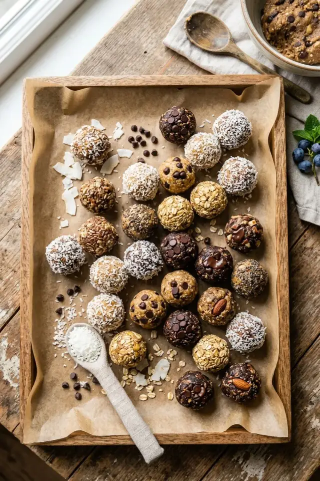 No-bake energy balls with visible oats and chocolate chips arranged on a parchment-lined tray
