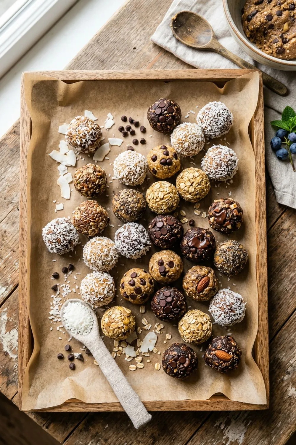 No-bake energy balls with visible oats and chocolate chips arranged on a parchment-lined tray