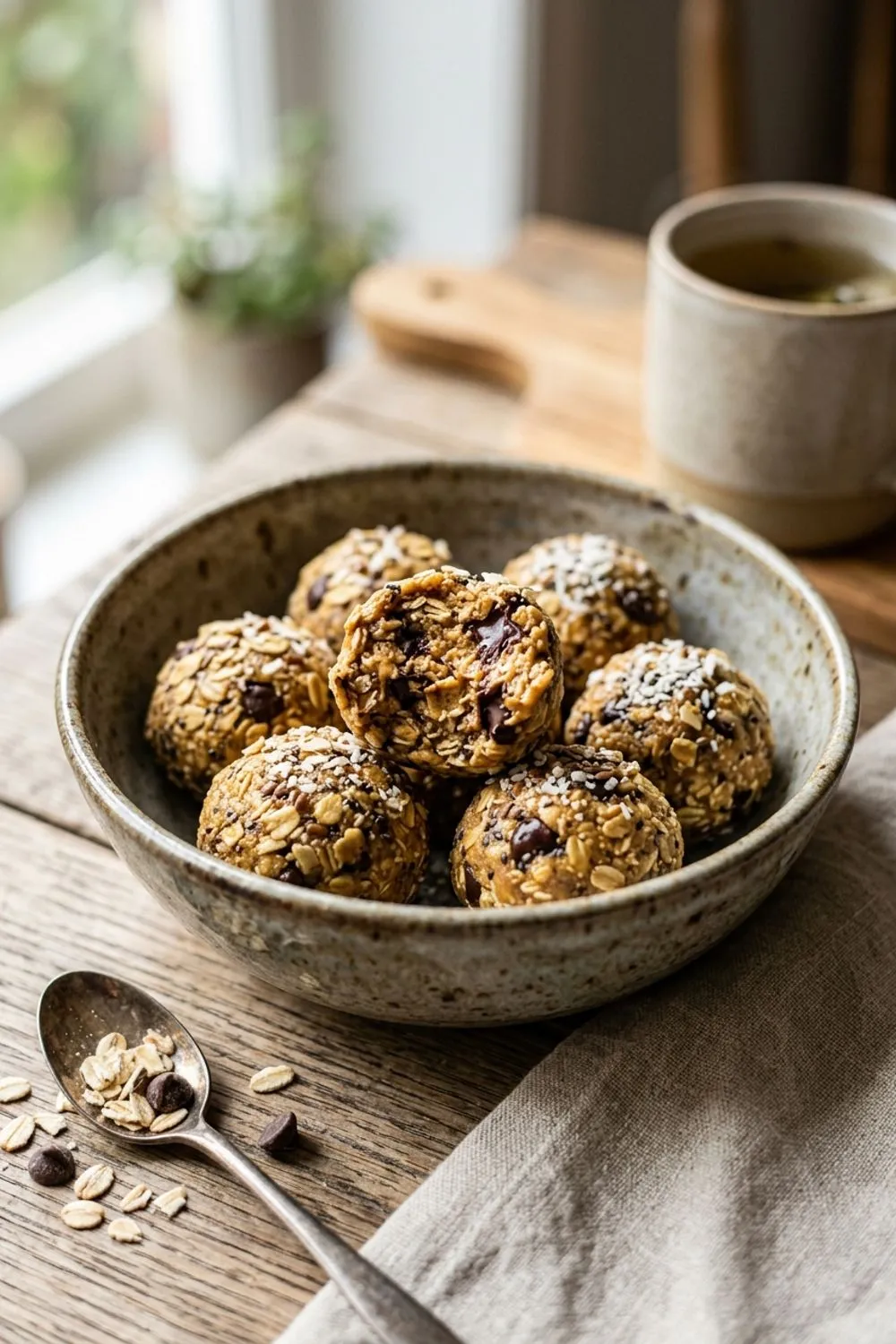 Energy ball mixture being rolled between palms with visible oats and chocolate chips