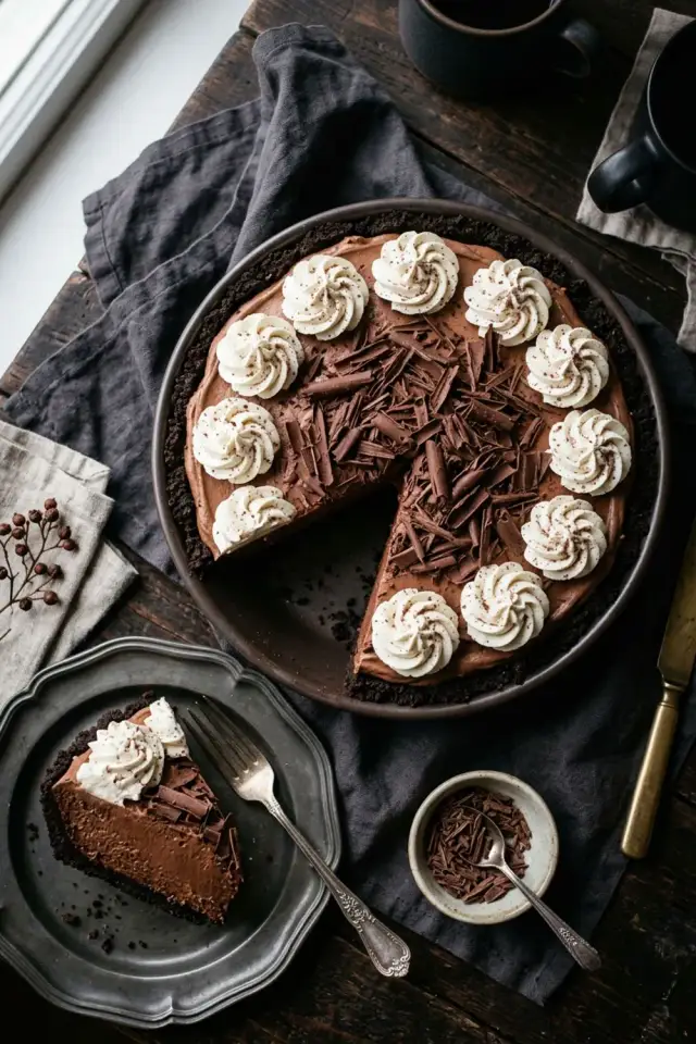 French silk pie topped with whipped cream and chocolate shavings on a dark background