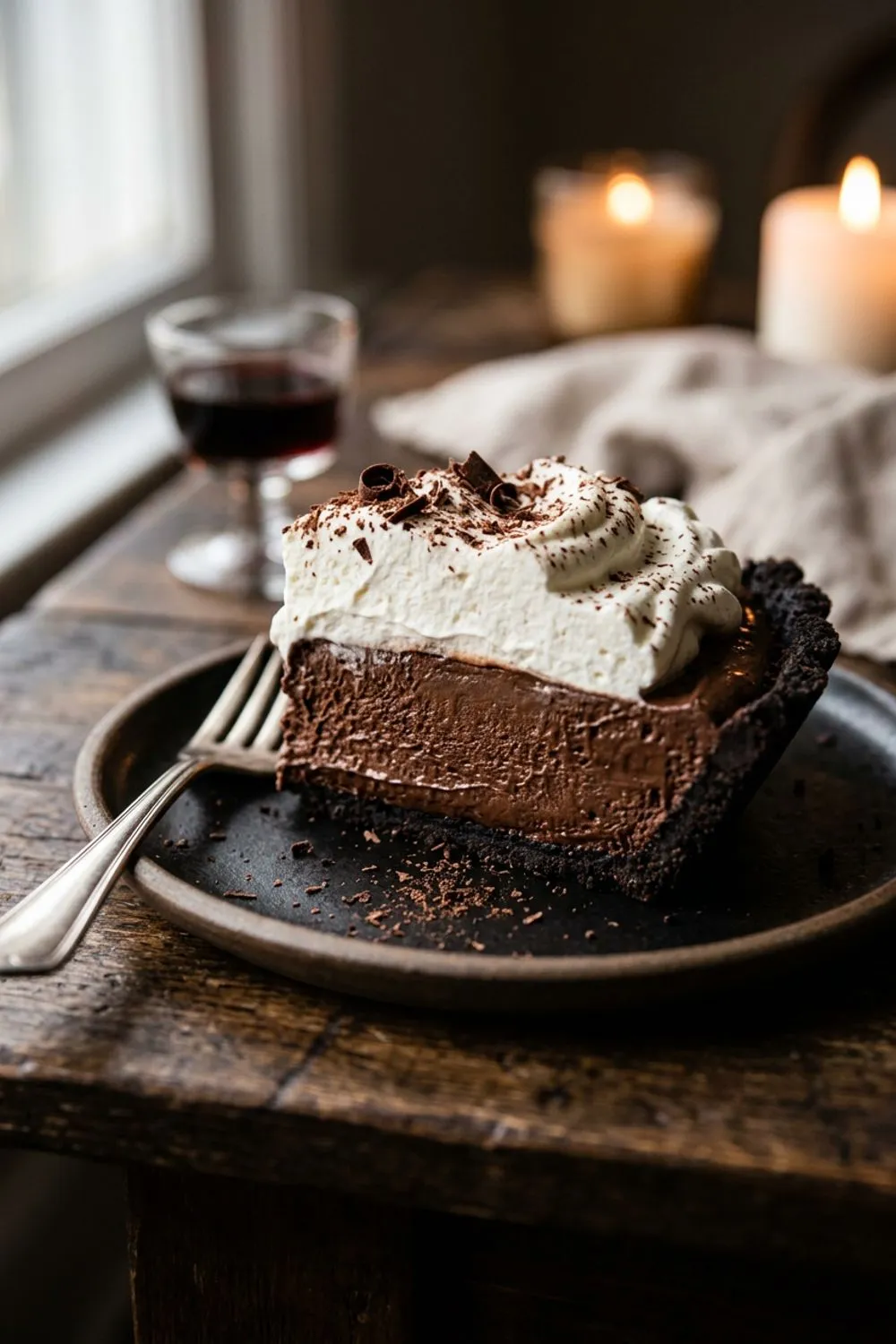 French silk pie filling being spooned into a dark Oreo cookie crust