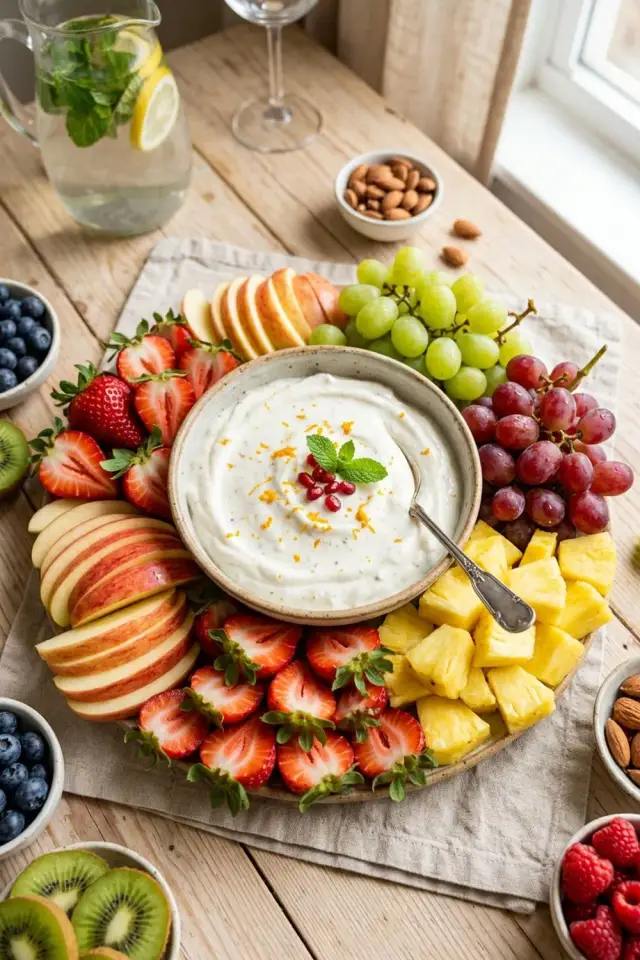 Creamy white fruit dip in a bowl surrounded by fresh strawberries, apple slices, and grapes