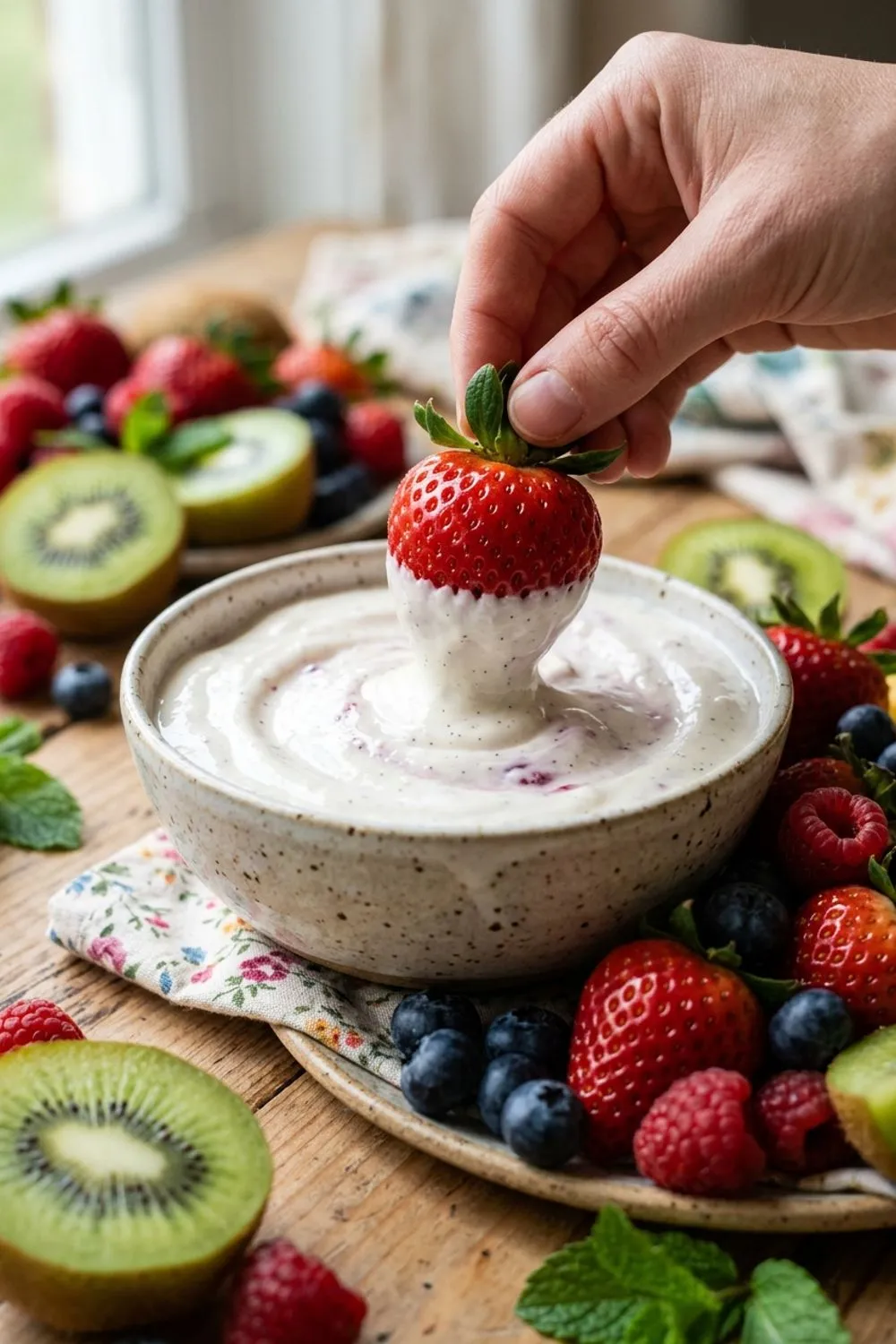 Cream cheese and marshmallow fluff being beaten together in a bowl for fruit dip