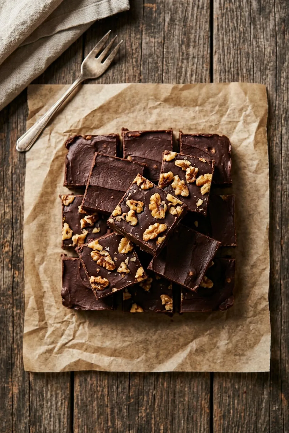 Squares of rich chocolate fudge stacked on parchment paper with walnuts