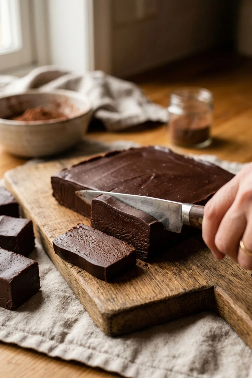 Smooth fudge mixture being poured into a parchment-lined baking pan