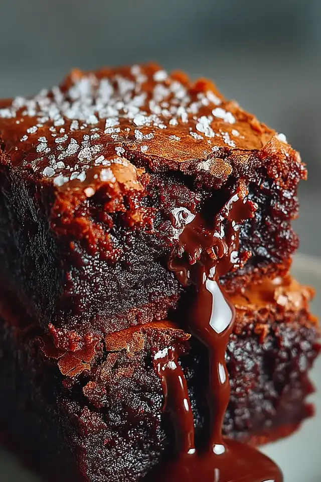 Close-up side view of a fudgy brownie square showing dark chocolate layers and crispy edges, with a gooey center visible