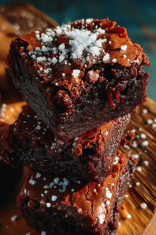 Overhead flat lay of four fudgy brownie squares arranged on a wooden board with a cup of coffee nearby