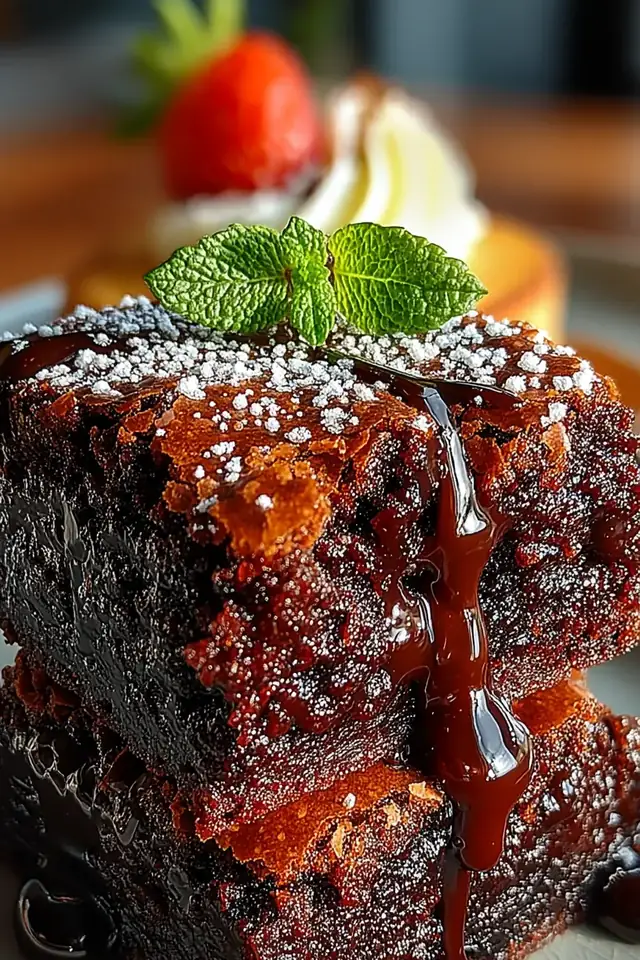 Close-up side view of a freshly baked fudgy brownie square showing rich chocolate color and dense, chewy texture with slightly cracked top surface