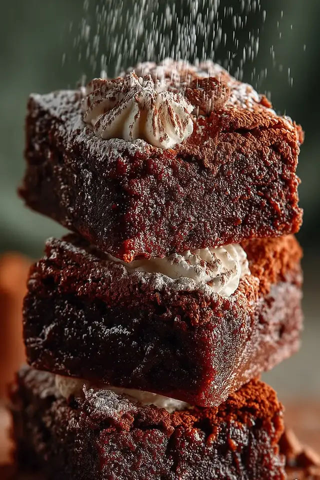 Overhead flat lay of three fudgy brownie squares on a light surface with rich chocolate crumbs scattered nearby