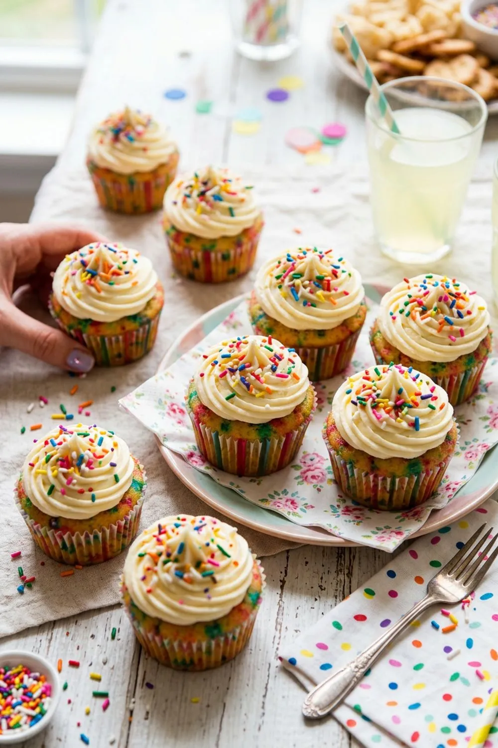 Funfetti cupcakes with vanilla buttercream and rainbow sprinkles on a party table