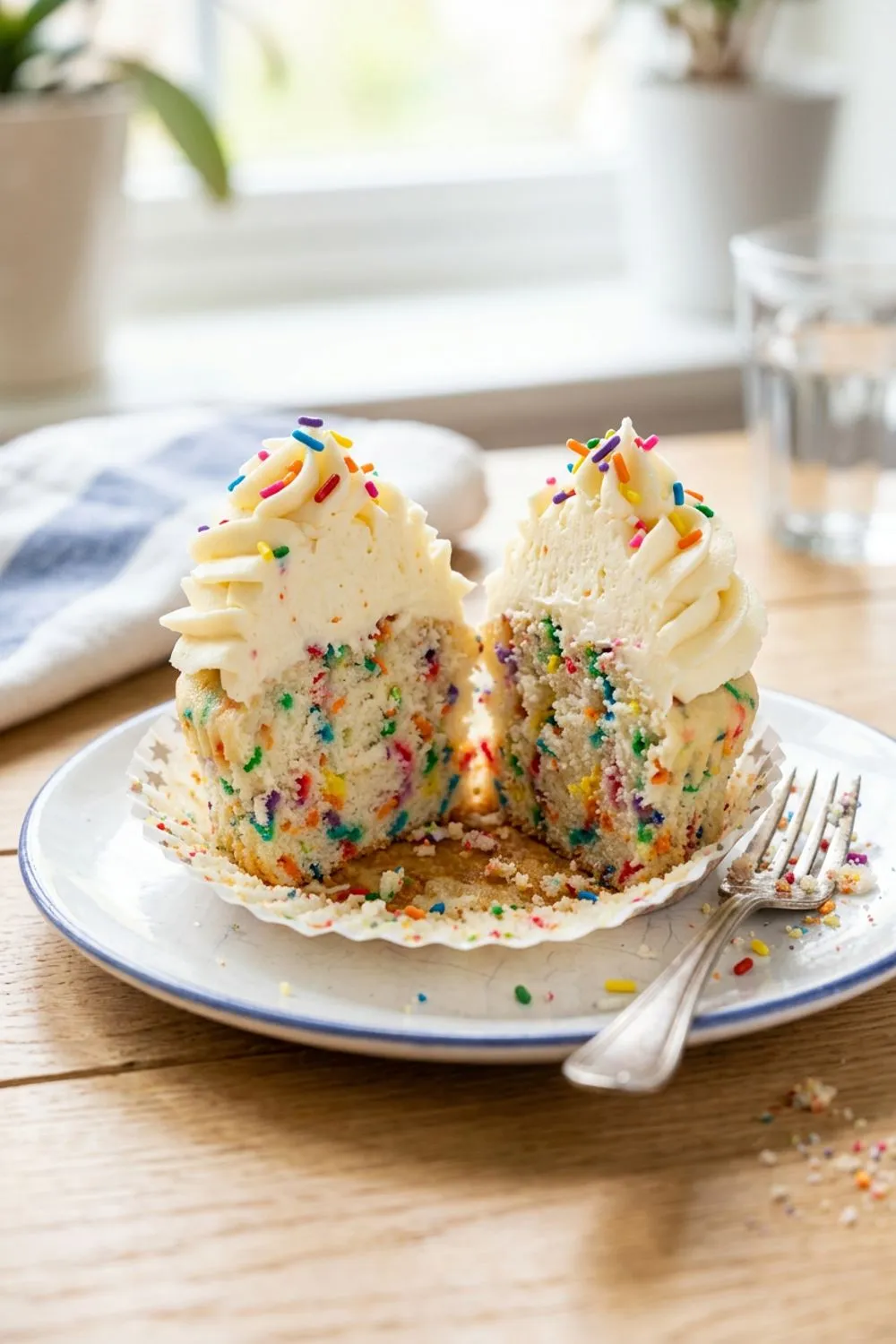 Funfetti cupcake batter with rainbow sprinkles being folded in