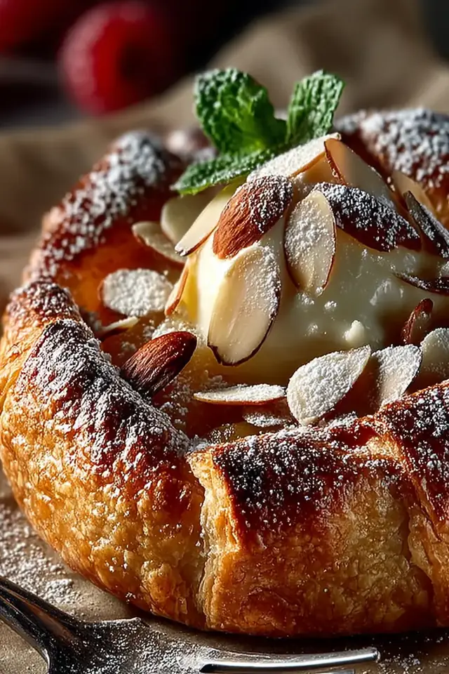 Golden baked galette frangipane with folded pastry edges, almond filling visible through the center, dusted with powdered sugar and topped with sliced almonds