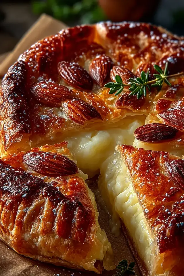 Overhead view of sliced galette frangipane showing the creamy almond filling and crispy golden pastry layers