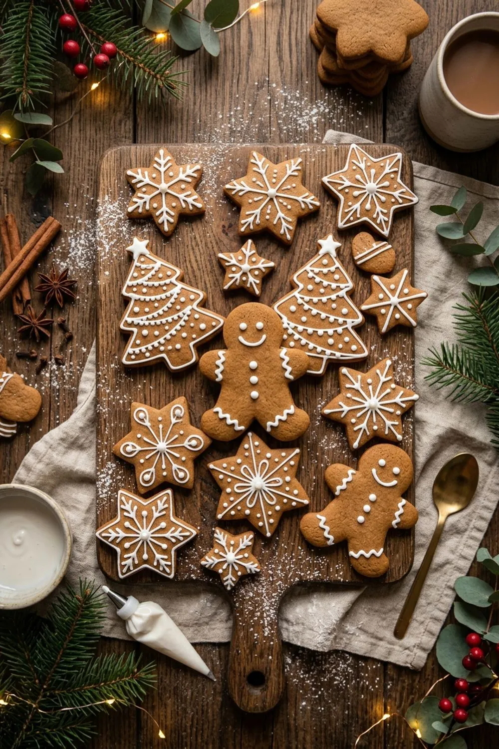 Decorated gingerbread cookies in various holiday shapes on a parchment-lined baking sheet