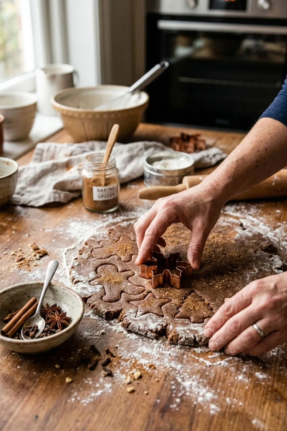 Gingerbread cookie dough being rolled out on a floured surface with holiday cookie cutters