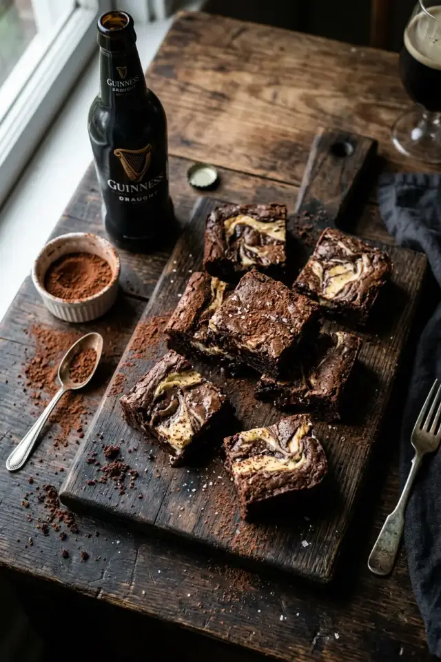 Stack of rich, fudgy Guinness brownies with dark chocolate chips on a rustic wooden board