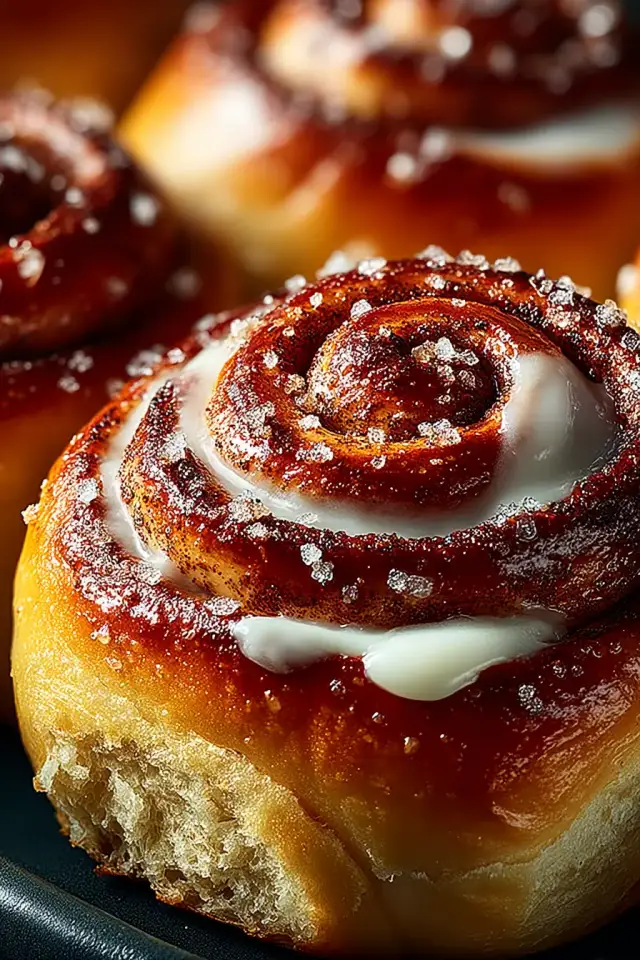 Close-up overhead view of warm cinnamon rolls with cream cheese frosting dripping down the sides, fresh from the oven in a baking pan