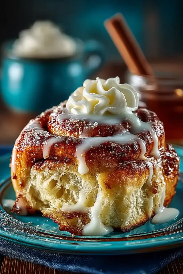 Side angle of a single pulled cinnamon roll showing the spiral layers and gooey cinnamon-sugar filling with frosting