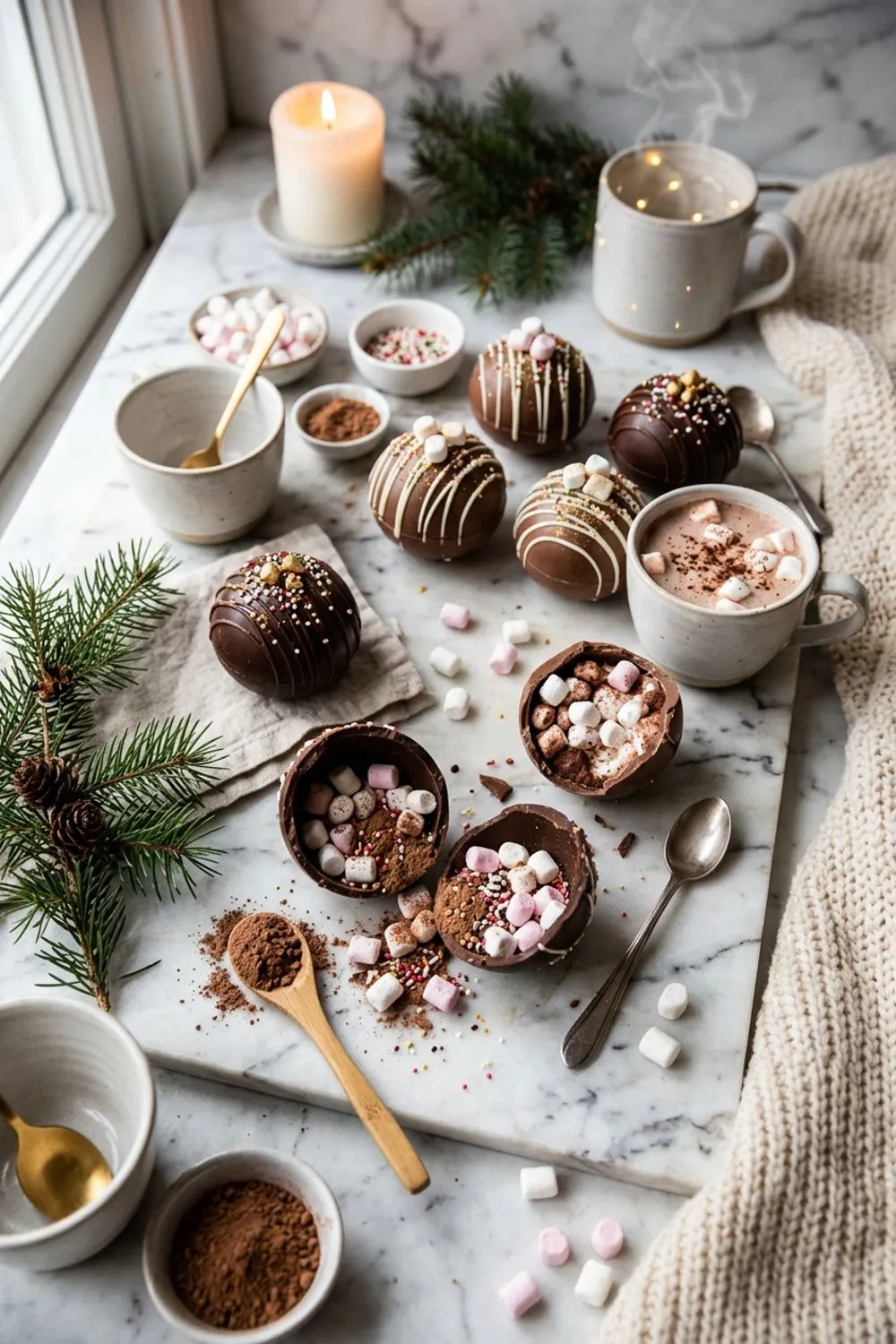 Hot chocolate bombs melting in a mug of warm milk with mini marshmallows floating