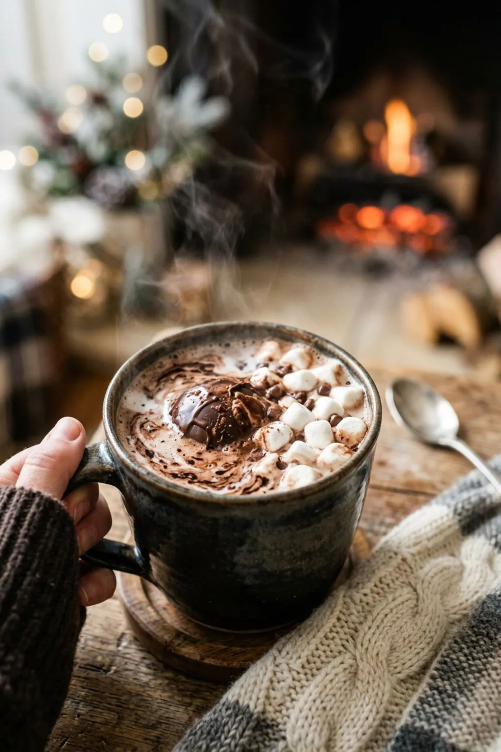 Chocolate half-spheres being filled with cocoa mix and marshmallows