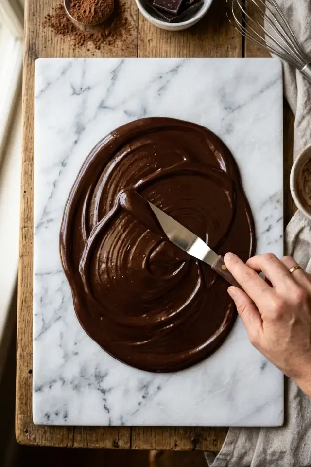 Close-up of glossy, perfectly tempered dark chocolate being drizzled from a spoon, showing the smooth, shiny finish characteristic of properly tempered chocolate